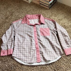 Women's Pink Plaid Button-Down Pajama Top and Pants